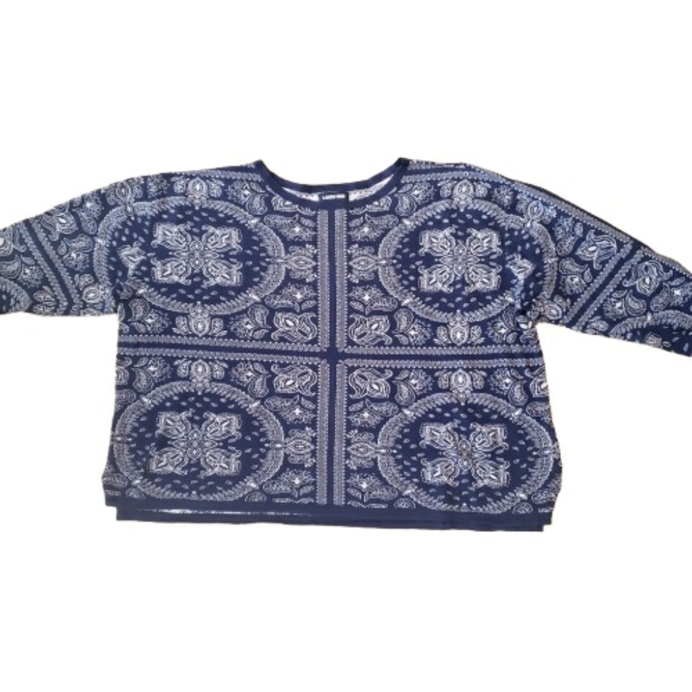Lands End Women Blue White Bandana Patterned Sweater Top 2X